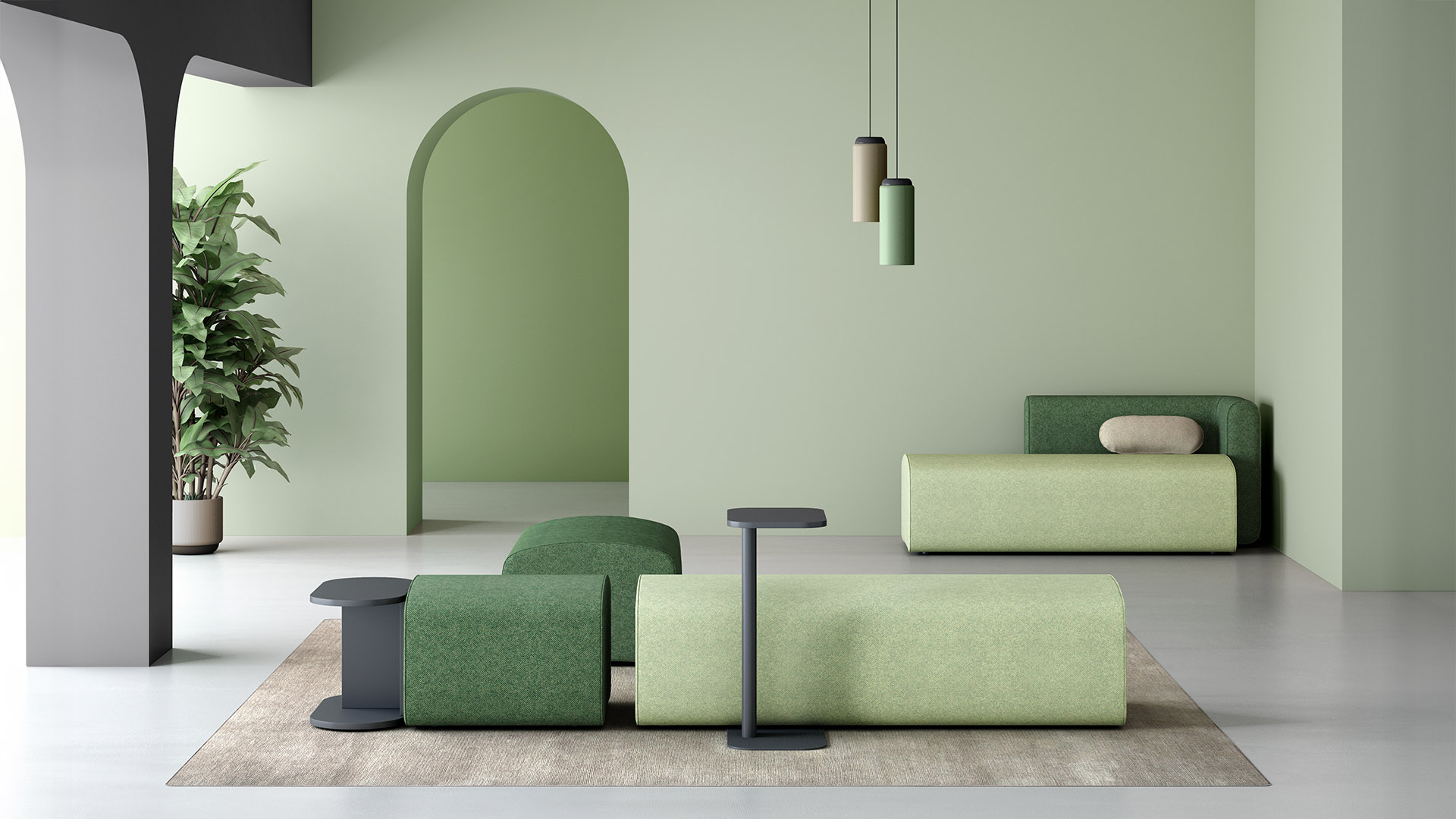 Pouf e divano modulare per hall open-space dallo stile moderno e minimal